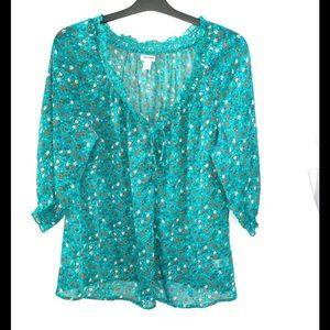 Old Navy Green Floral Design  3/4 Sleeve Semi-Sheer Vneck Laced Up Blouse